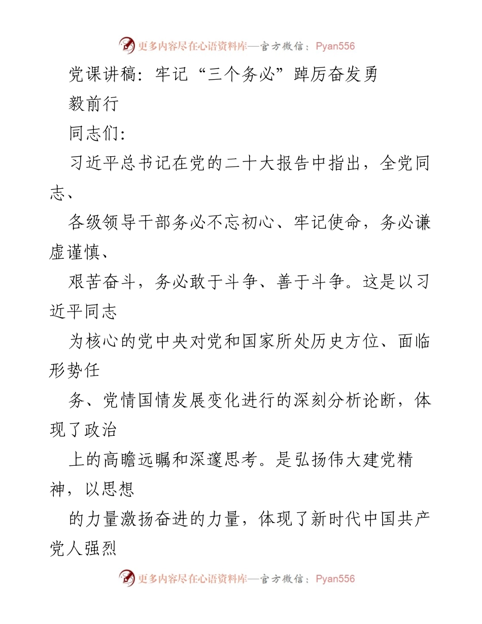 [发言] 党课 - 牢记“三个务必”，踔厉奋发勇毅前行.docx_第1页