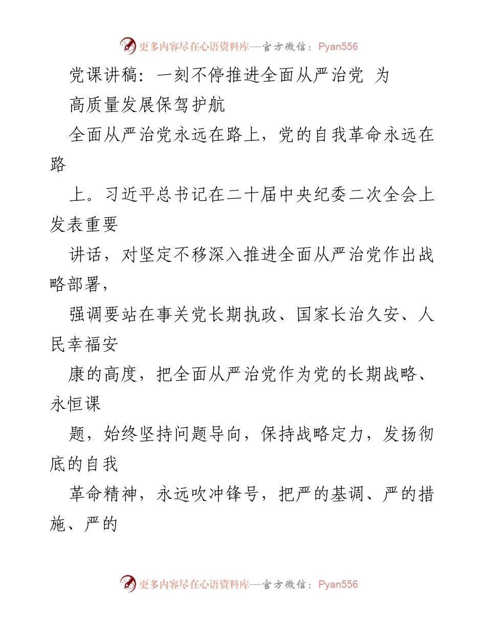 [发言] 党课 - 推进全面从严治党，为高质量发展提供保障.docx_第1页