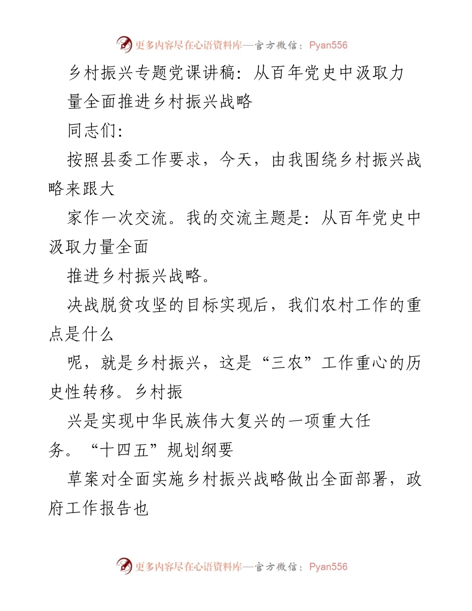 [发言] 党课 - 从百年党史中汲取力量推进乡村振兴战略_1.docx_第1页
