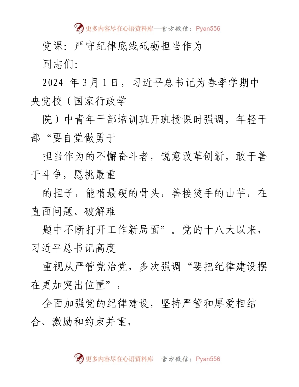 [发言] 党课 - 严守纪律，担当作为：年轻干部的使命与责任.docx_第1页