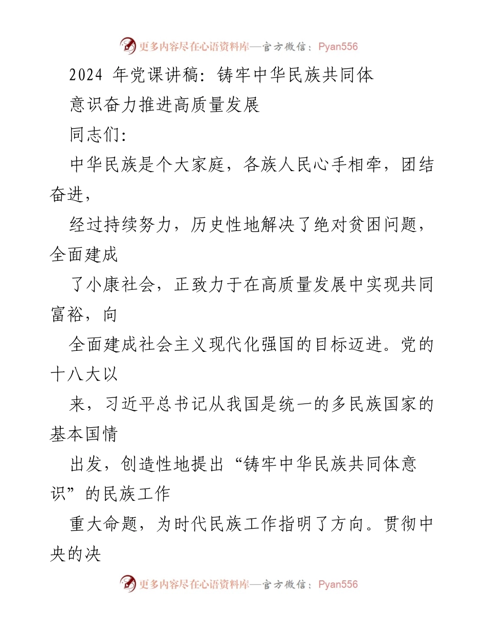 [发言] 党课 - 铸牢中华民族共同体意识，奋力推进高质量发展.docx_第1页