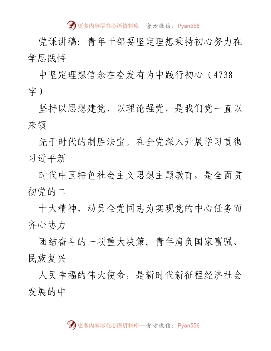 [发言] 党课 - 青年干部坚定理想信念，践行初心使命.docx_第1页