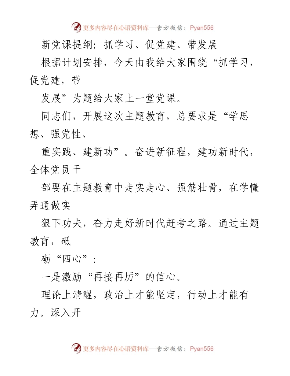 [发言] 党课 - 新时代主题教育：抓学习、促党建、带发展.docx_第1页