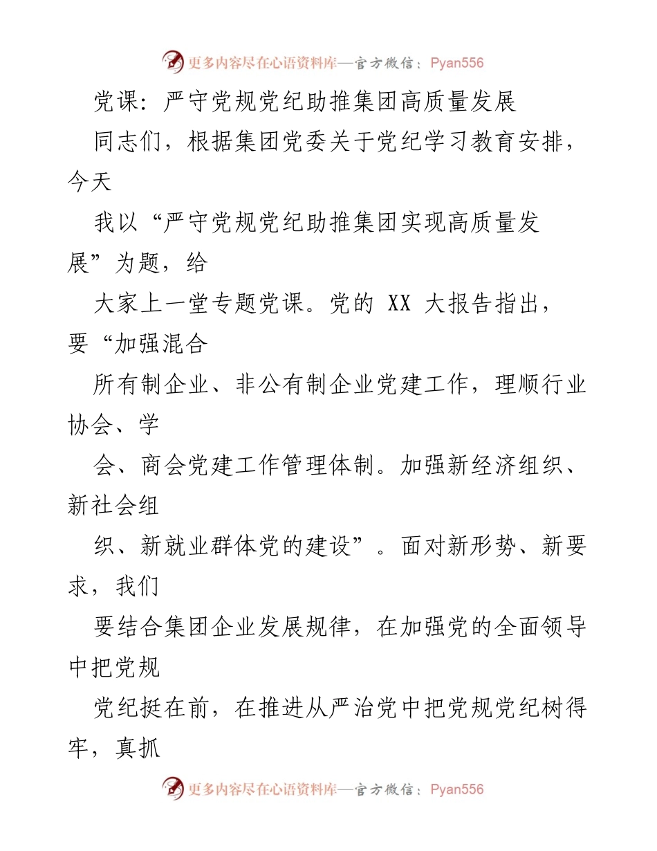 [发言] 党课 - 严守党规党纪助推集团高质量发展.docx_第1页