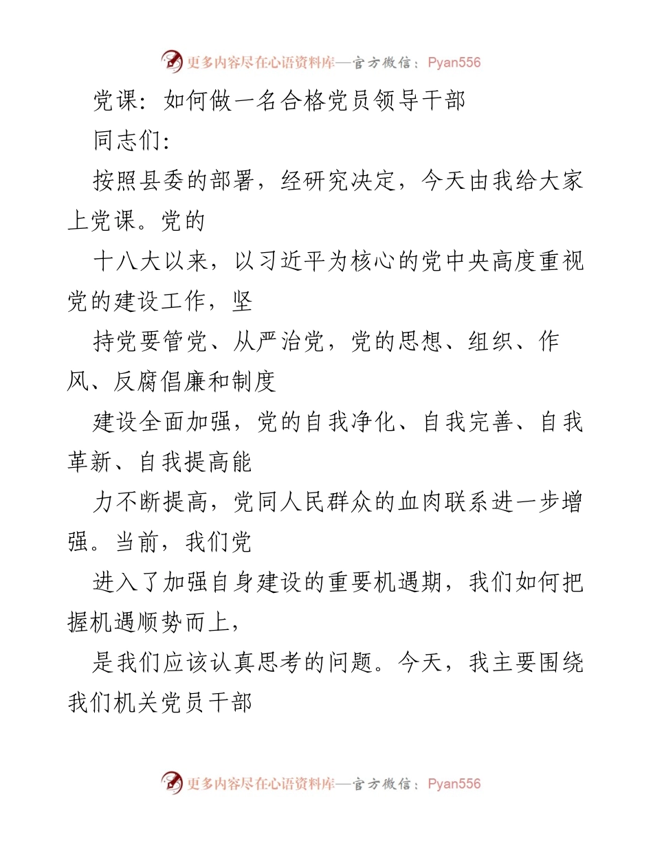 [发言] 党课 - 如何做一名合格党员领导干部_1.docx_第1页