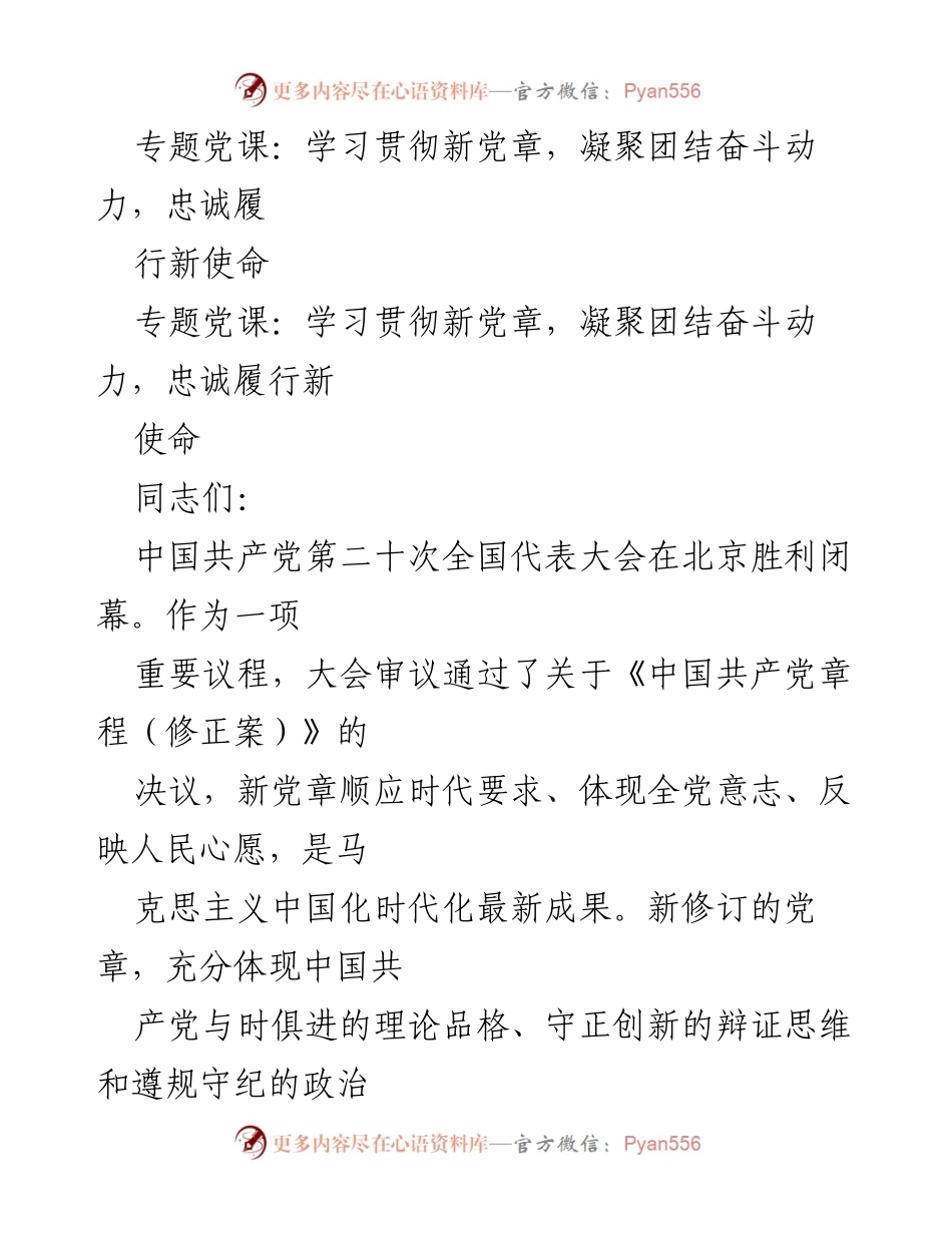 [发言] 党课 - 学习新党章，凝聚团结力量，忠诚履行使命.docx_第1页