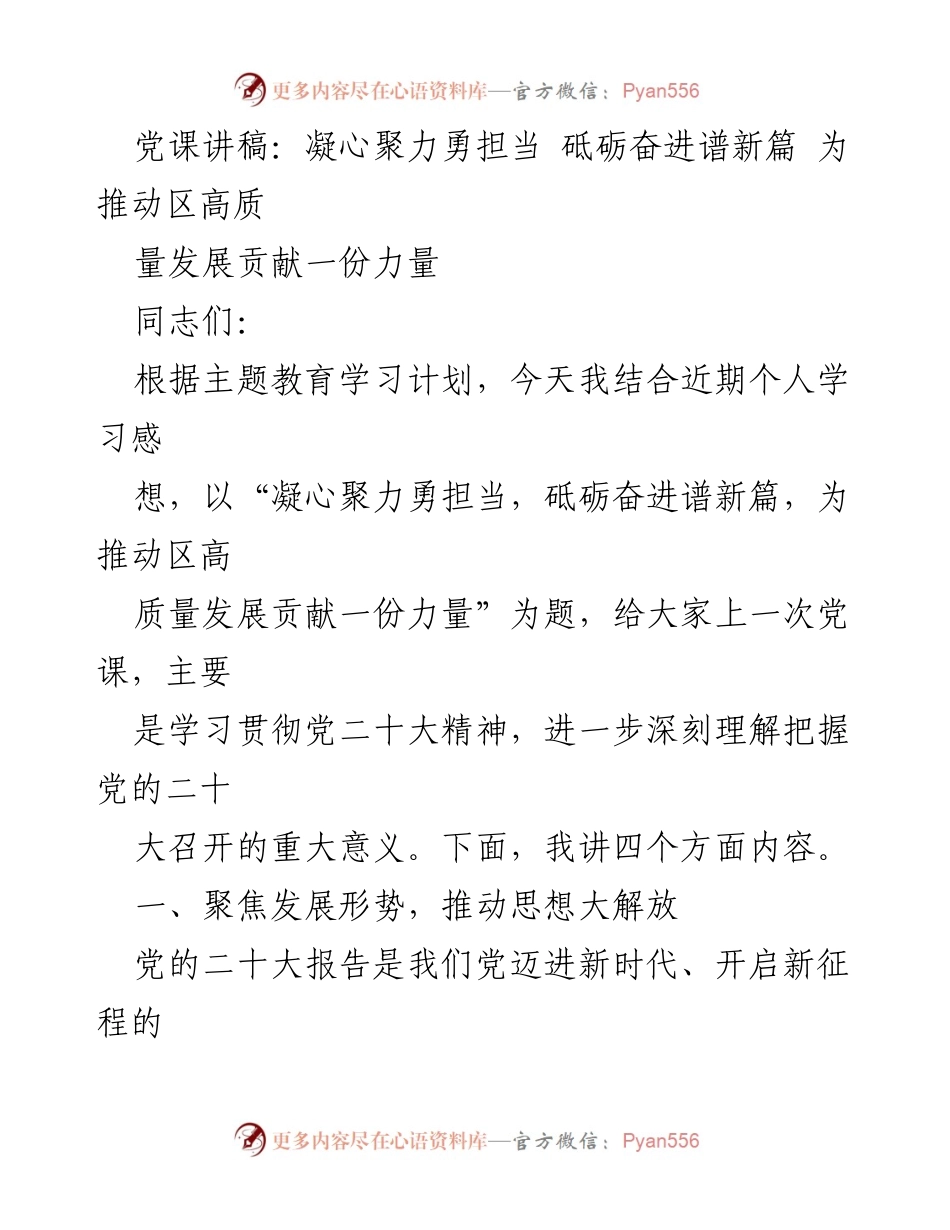 [发言] 党课 - 凝心聚力勇担当，砥砺奋进谱新篇，为推动区高质量发展贡献力量.docx_第1页