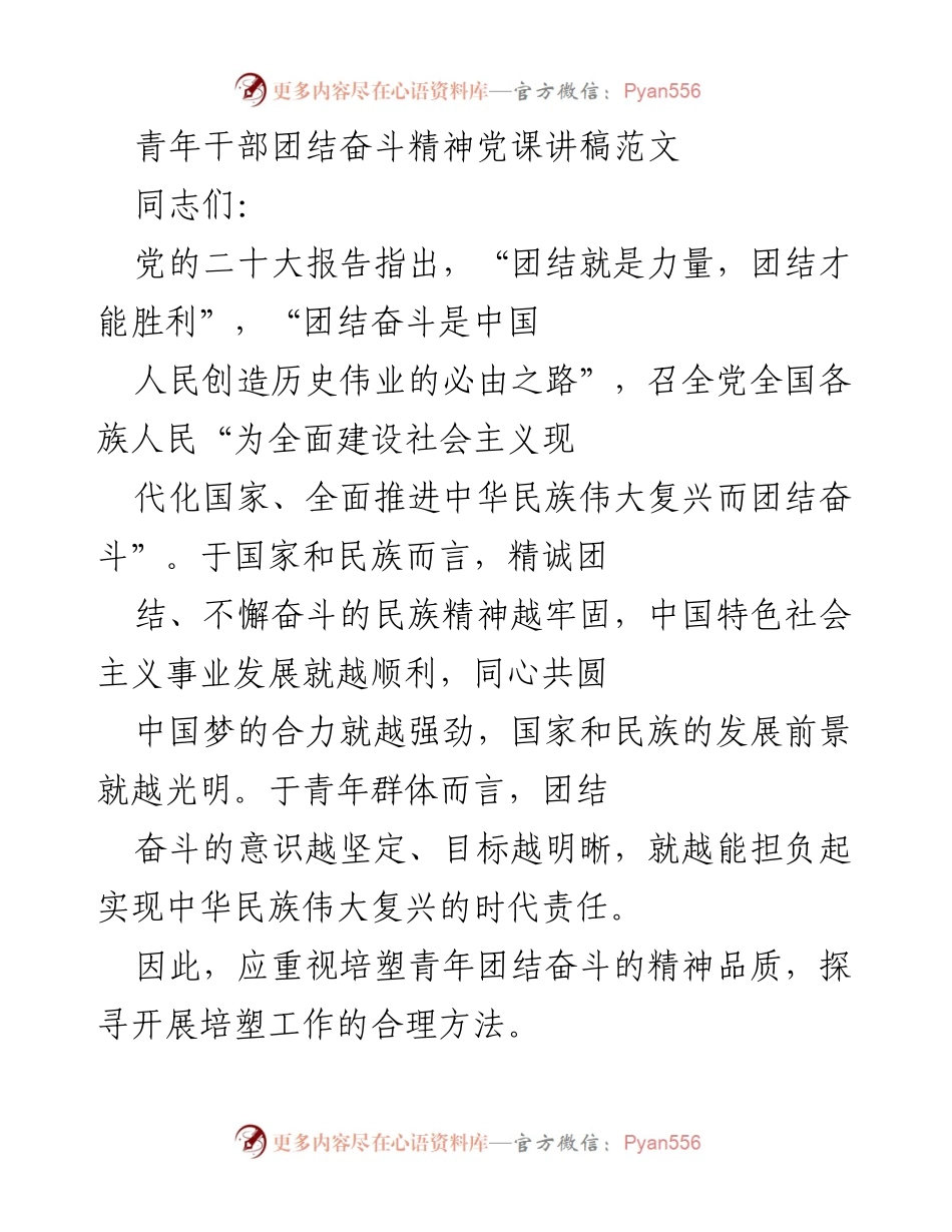 [发言] 党课 - 青年干部的团结奋斗精神与使命担当.docx_第1页