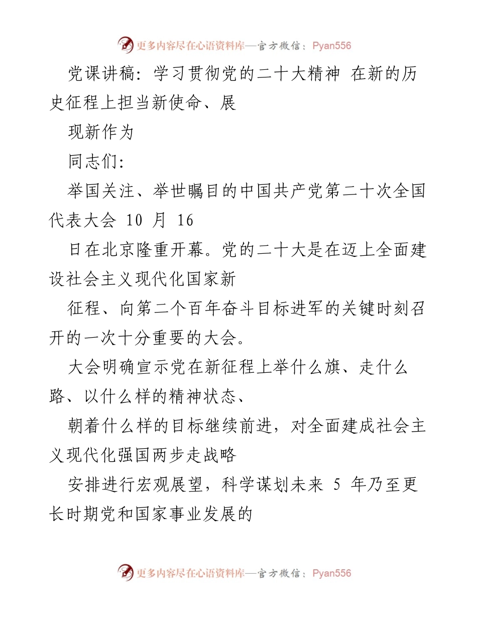[发言] 党课 - 学习贯彻党的二十大精神，担当新使命，展现新作为.docx_第1页