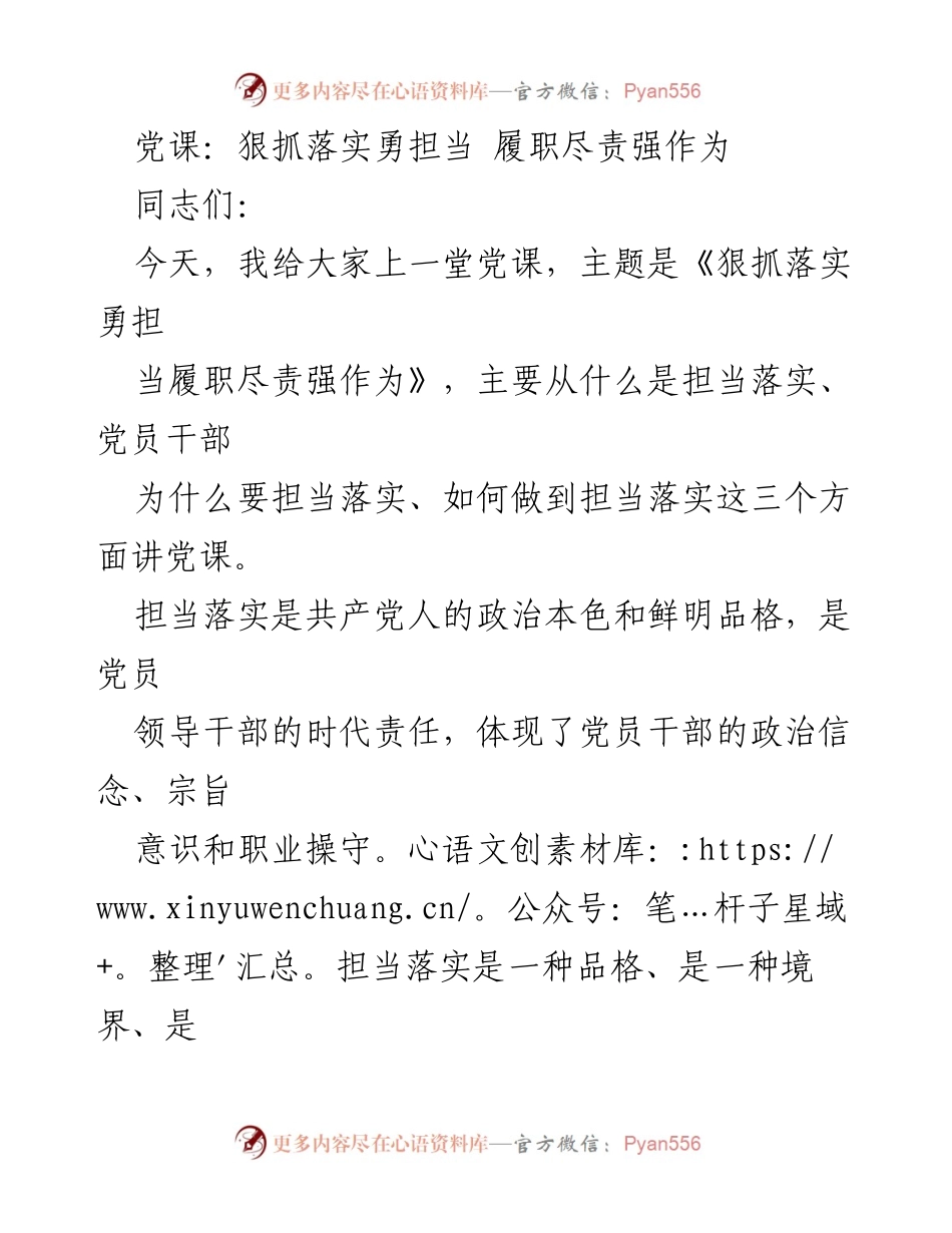 [发言] 党课 - 《狠抓落实勇担当 履职尽责强作为》.docx_第1页