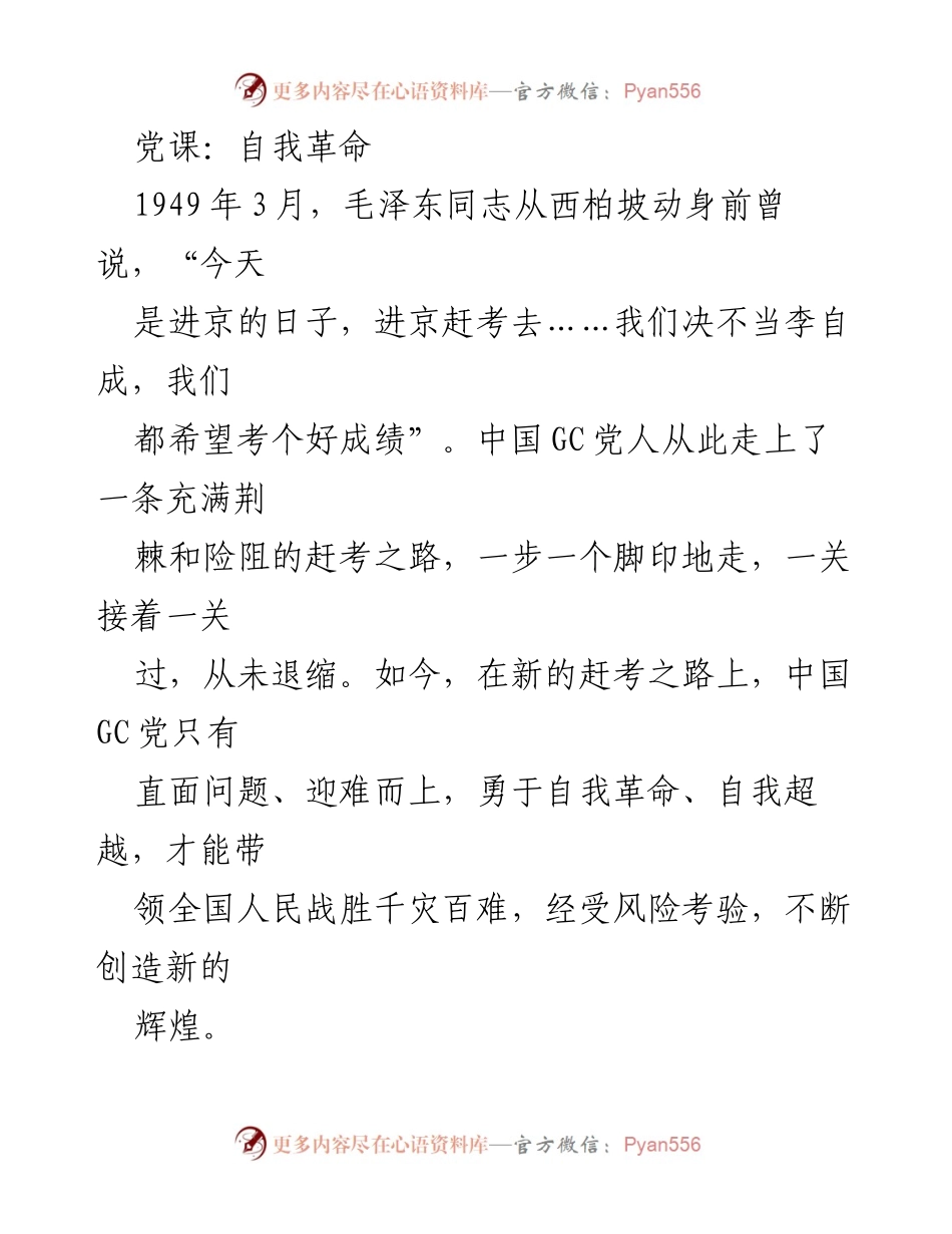 [发言] 党课 - 勇于自我革命：在新的赶考路上坚持人民至上的信念.docx_第1页