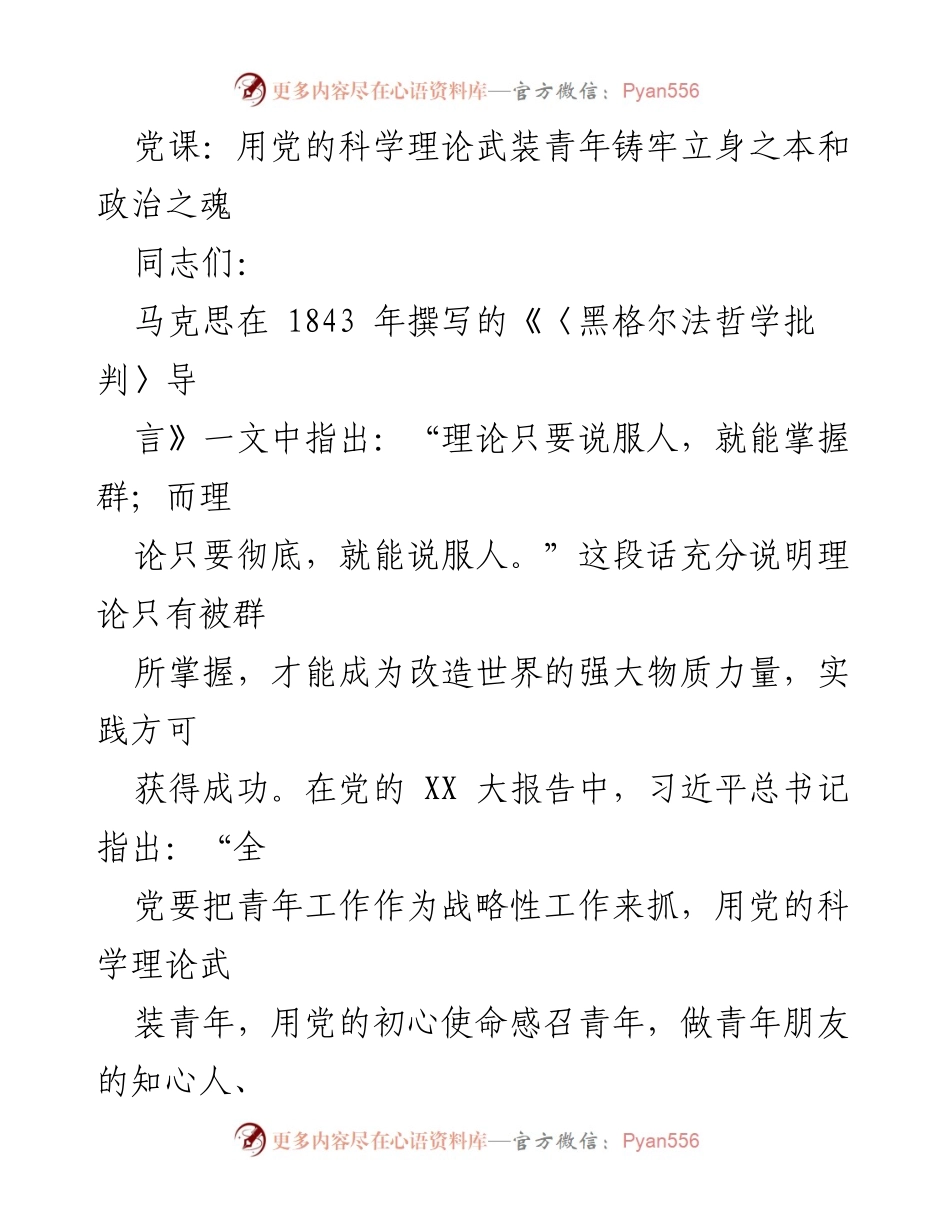 [发言] 党课 - 用党的科学理论武装青年，铸牢理想信念与意识形态话语权.docx_第1页