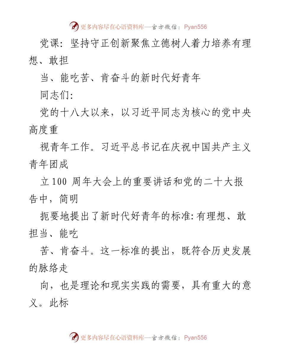 [发言] 党课 - 坚持守正创新，培养新时代好青年标准.docx_第1页