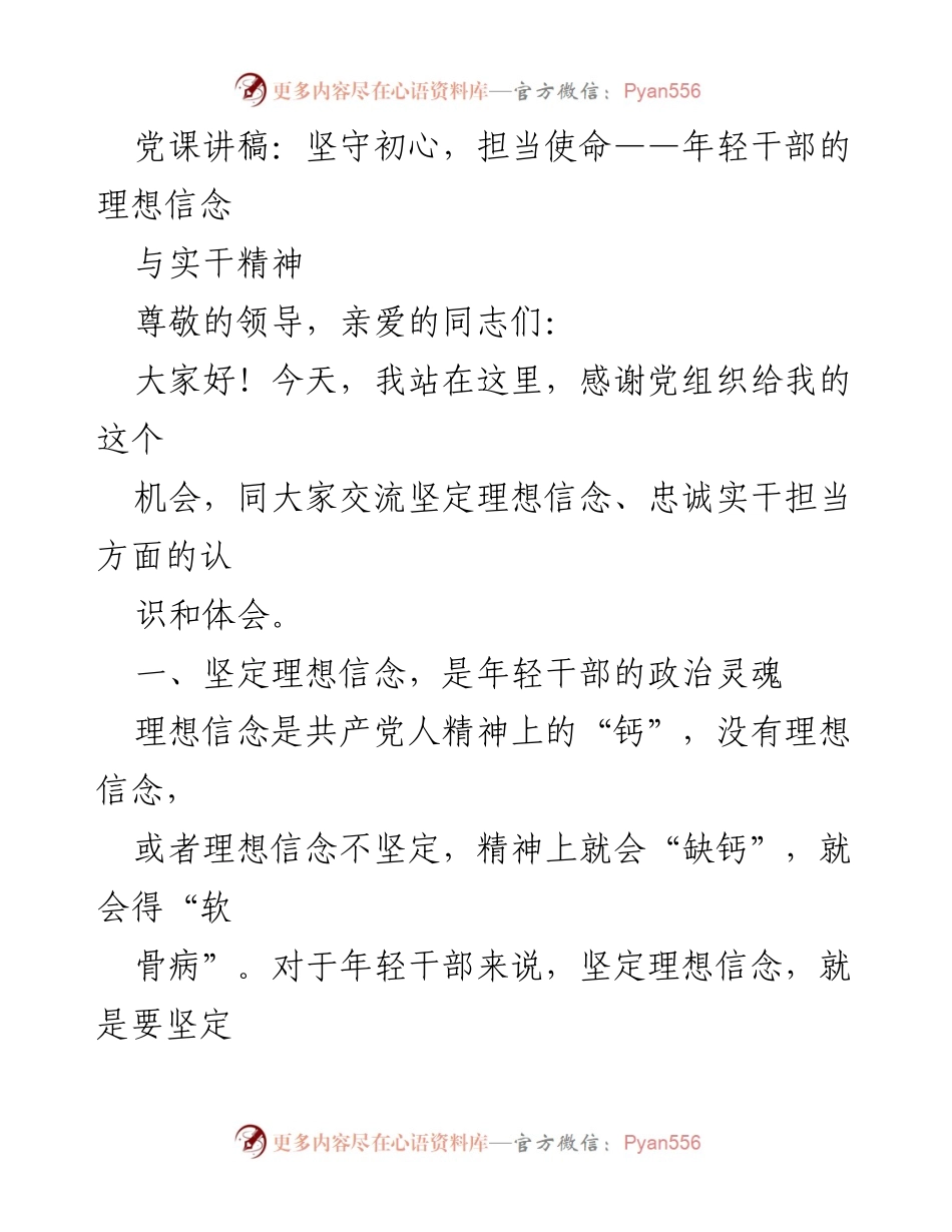 [发言] 党课 - 坚守初心与使命：年轻干部的理想信念与实干精神.docx_第1页