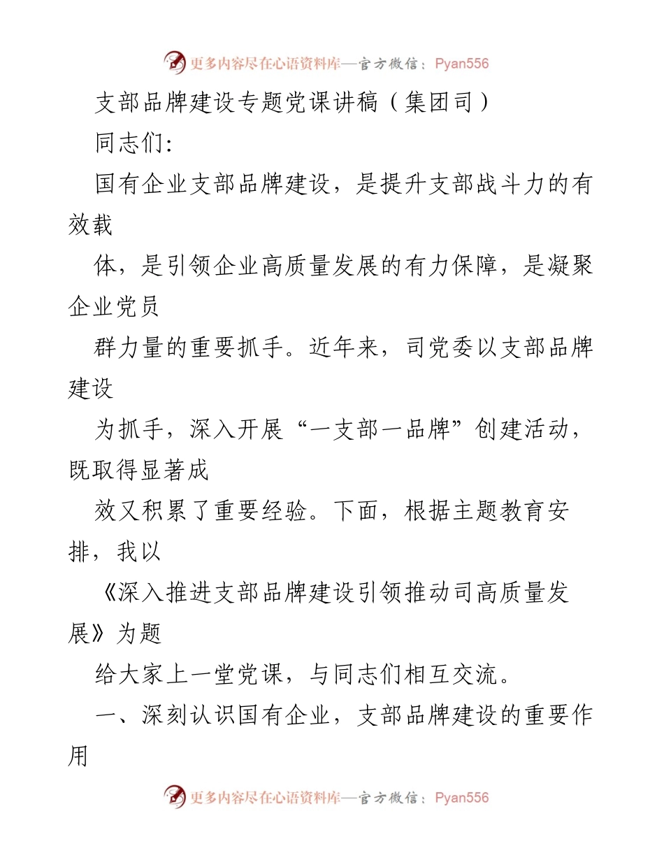 [发言] 党课 - 深入推进支部品牌建设引领推动司高质量发展.docx_第1页