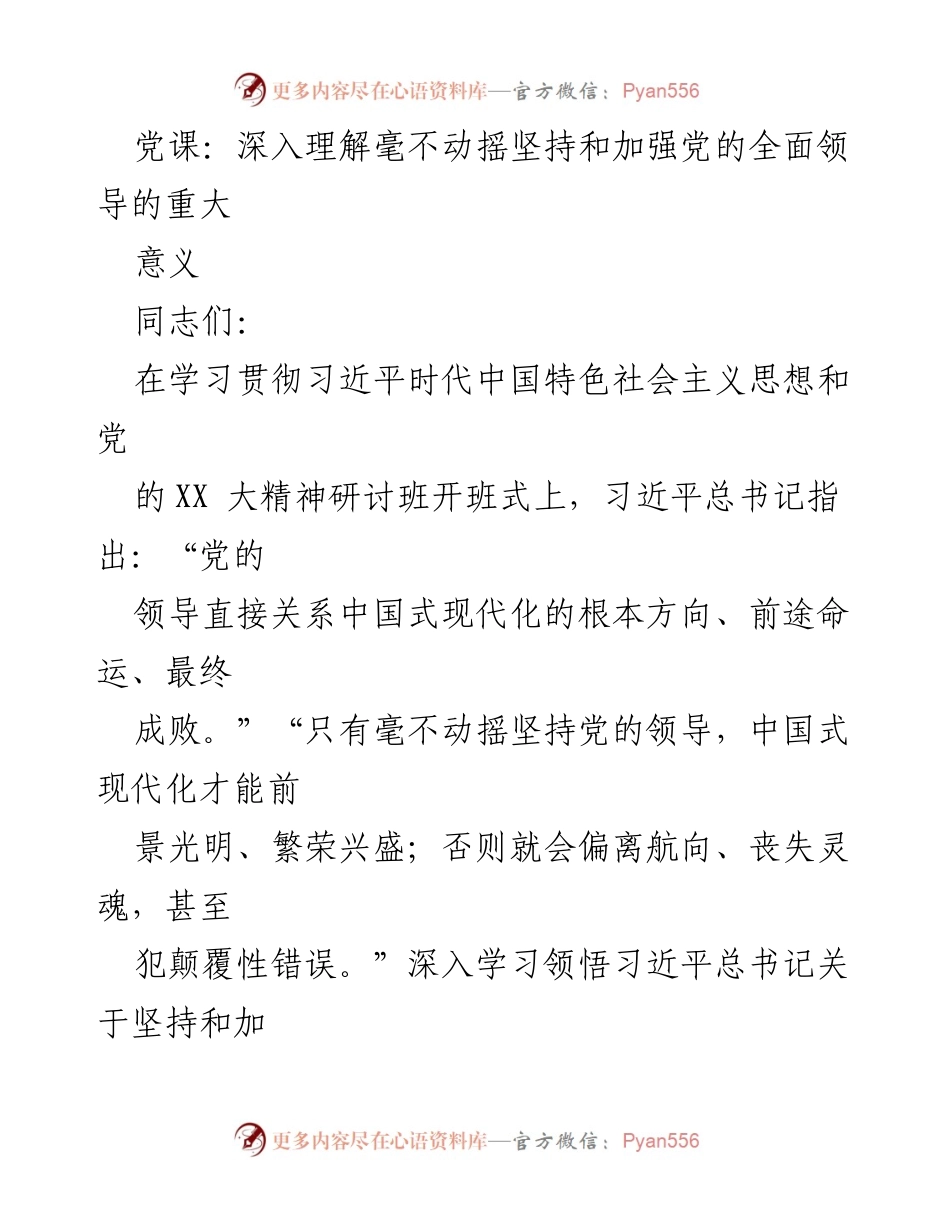 [发言] 党课 - 深入理解党的全面领导的重要性_1.docx_第1页