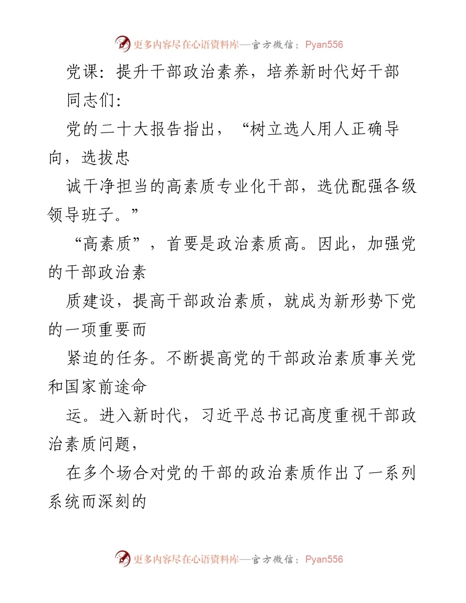[发言] 党课 - 提升干部政治素养，培养新时代好干部的重要性.docx_第1页