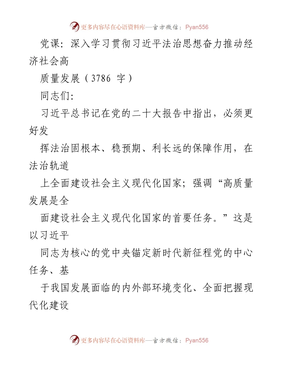 [发言] 党课 - 深入学习习近平法治思想推动经济高质量发展.docx_第1页
