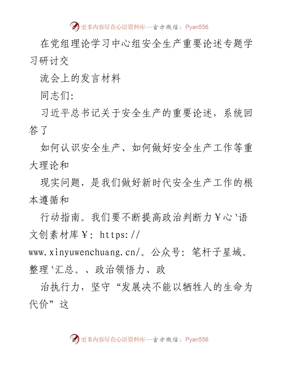 [发言] 党组理论学习中心组安全生产重要论述专题学习研讨交流会 - 深入学习习近平总书记安全生产论述，强化风险防控责任.docx_第1页