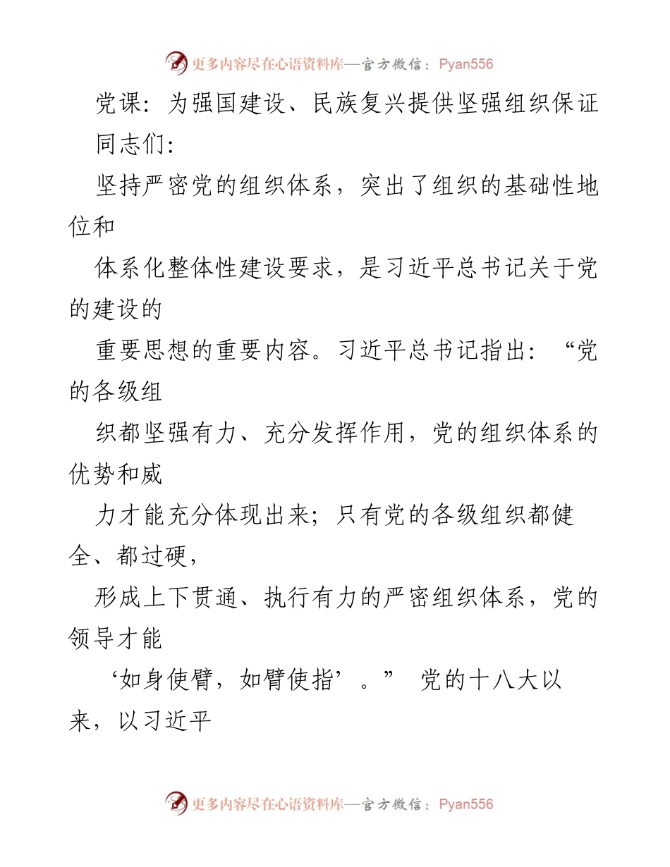 [发言] 党课 - 加强党的组织体系建设，推动强国与民族复兴.docx_第1页