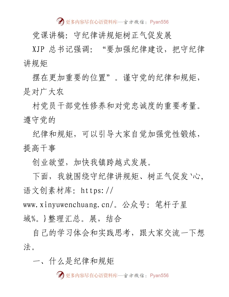 [发言] 党课 - 守纪律讲规矩，树正气促发展.docx_第1页
