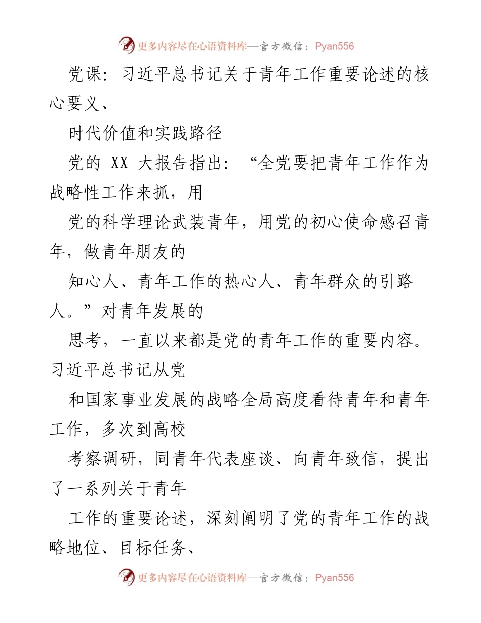 [发言] 党课 - 习近平总书记关于青年工作的核心要义与实践路径.docx_第1页