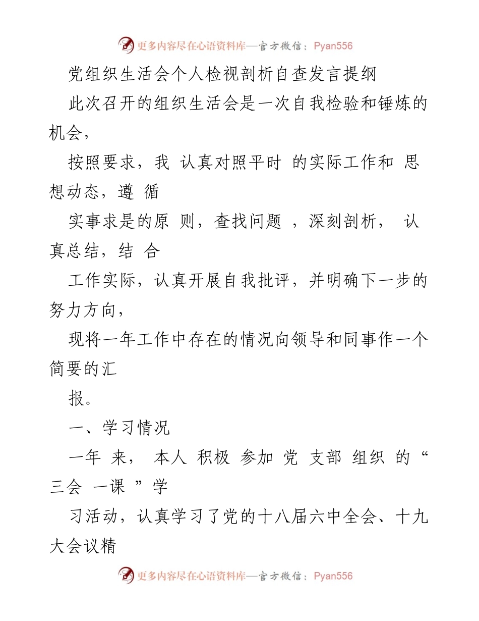[发言] 党组织生活会 - 个人检视与整改发言提纲.docx_第1页