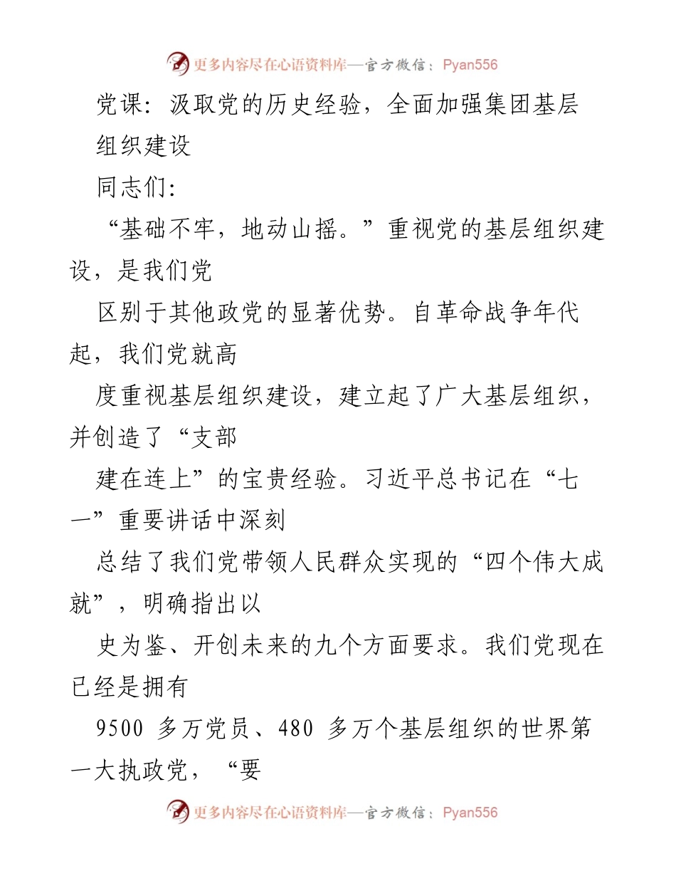 [发言] 党课 - 汲取历史经验，强化基层组织建设.docx_第1页