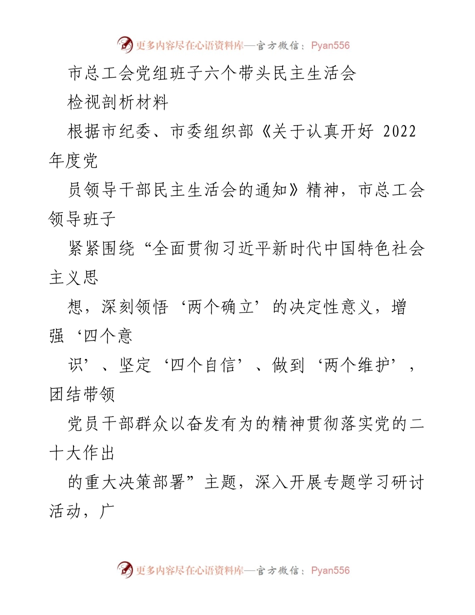 [发言] 党组织民主生活会 - 市总工会党组班子民主生活会检视剖析材料.docx_第1页