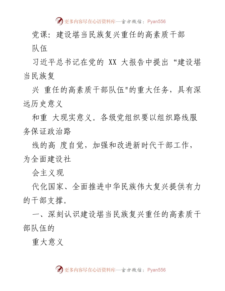 [发言] 党课 - 建设高素质干部队伍，担当民族复兴重任.docx_第1页