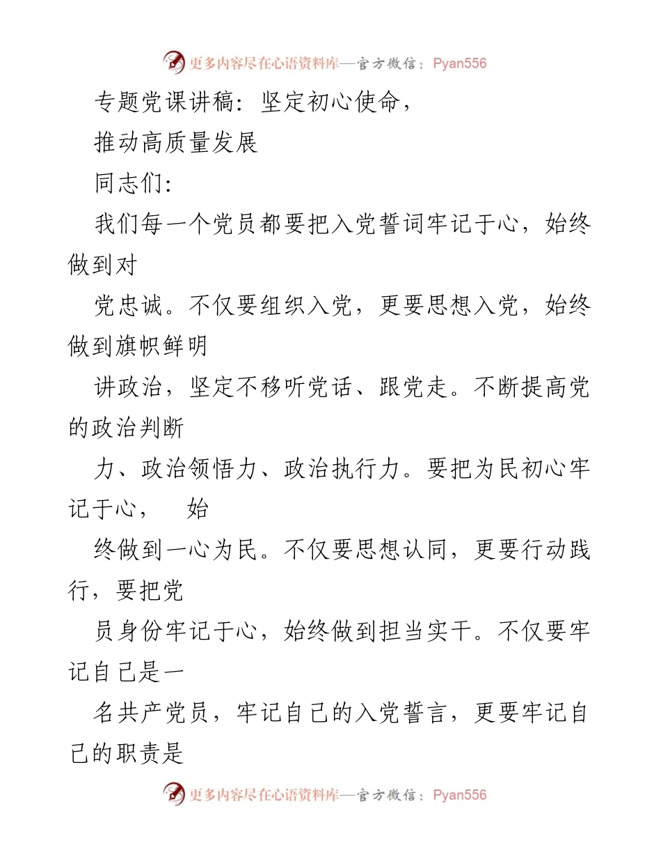 [发言] 党课 - 坚定初心使命，推动高质量发展.docx_第1页