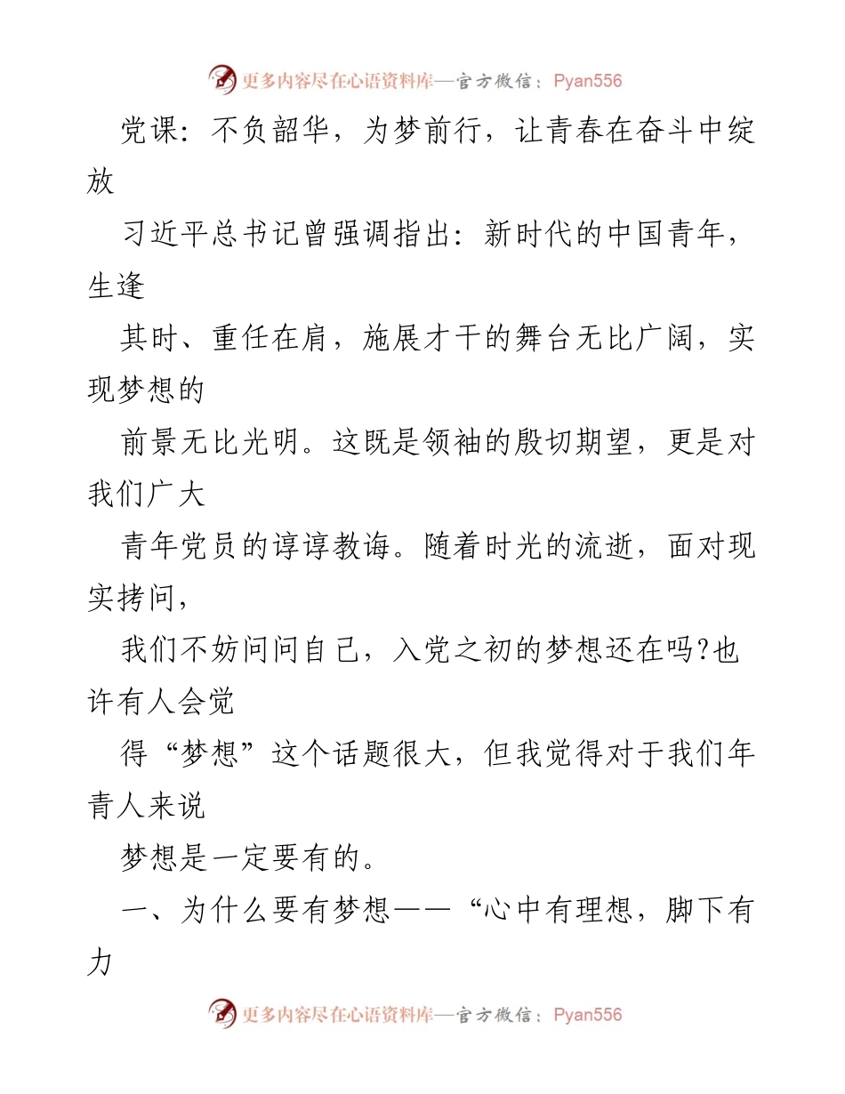 [发言] 党课 - 青年党员的梦想与奋斗.docx_第1页