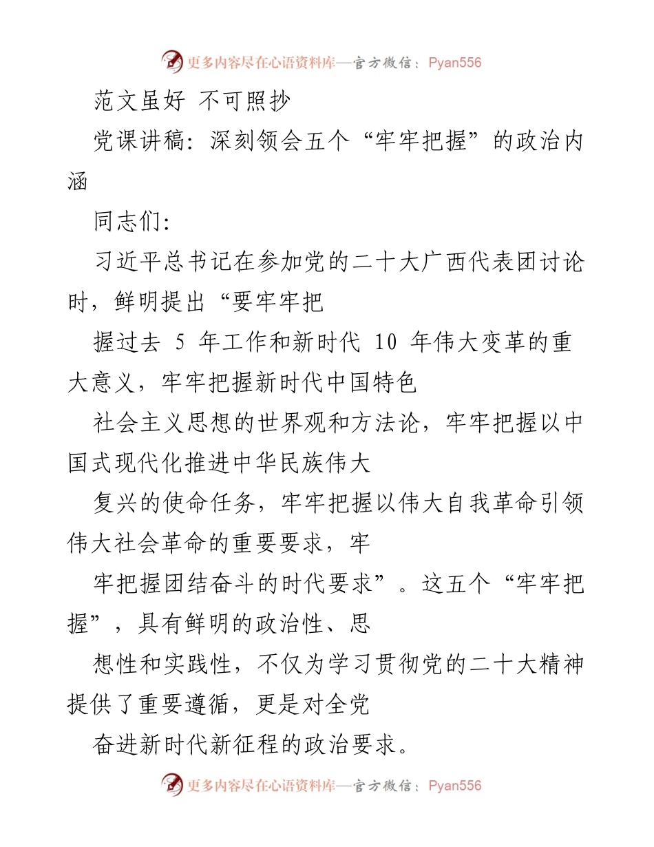 [发言] 党课 - 深刻领会五个“牢牢把握”的政治内涵_1.docx_第1页