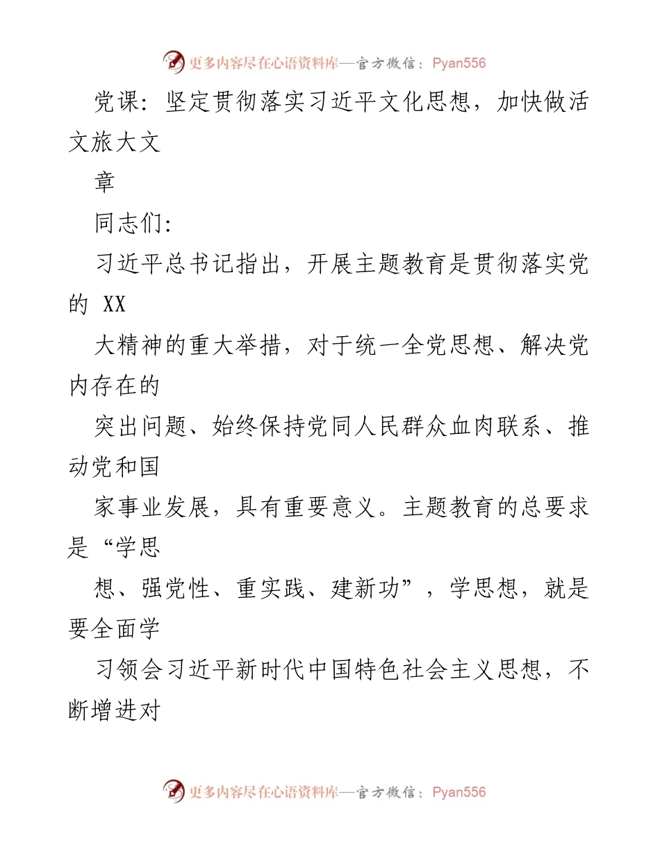 [发言] 党课 - 坚定贯彻习近平文化思想，推动文旅发展_2.docx_第1页