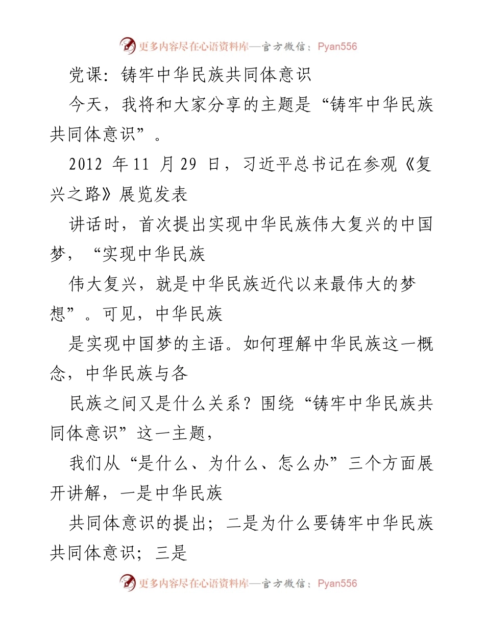 [发言] 党课 - 铸牢中华民族共同体意识的深刻理解.docx_第1页