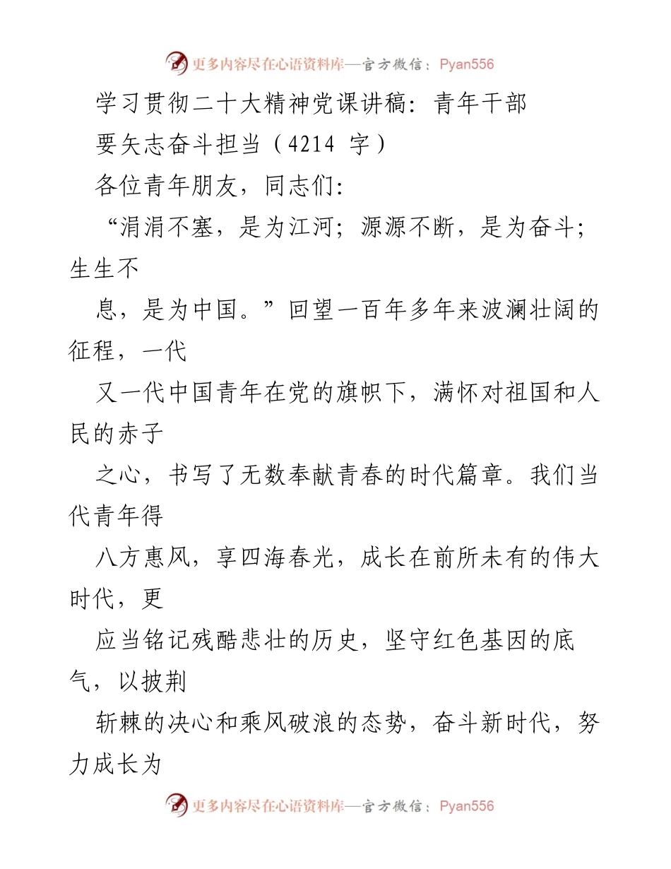 [发言] 党课 - 青年干部要矢志奋斗担当，传承红色基因.docx_第1页