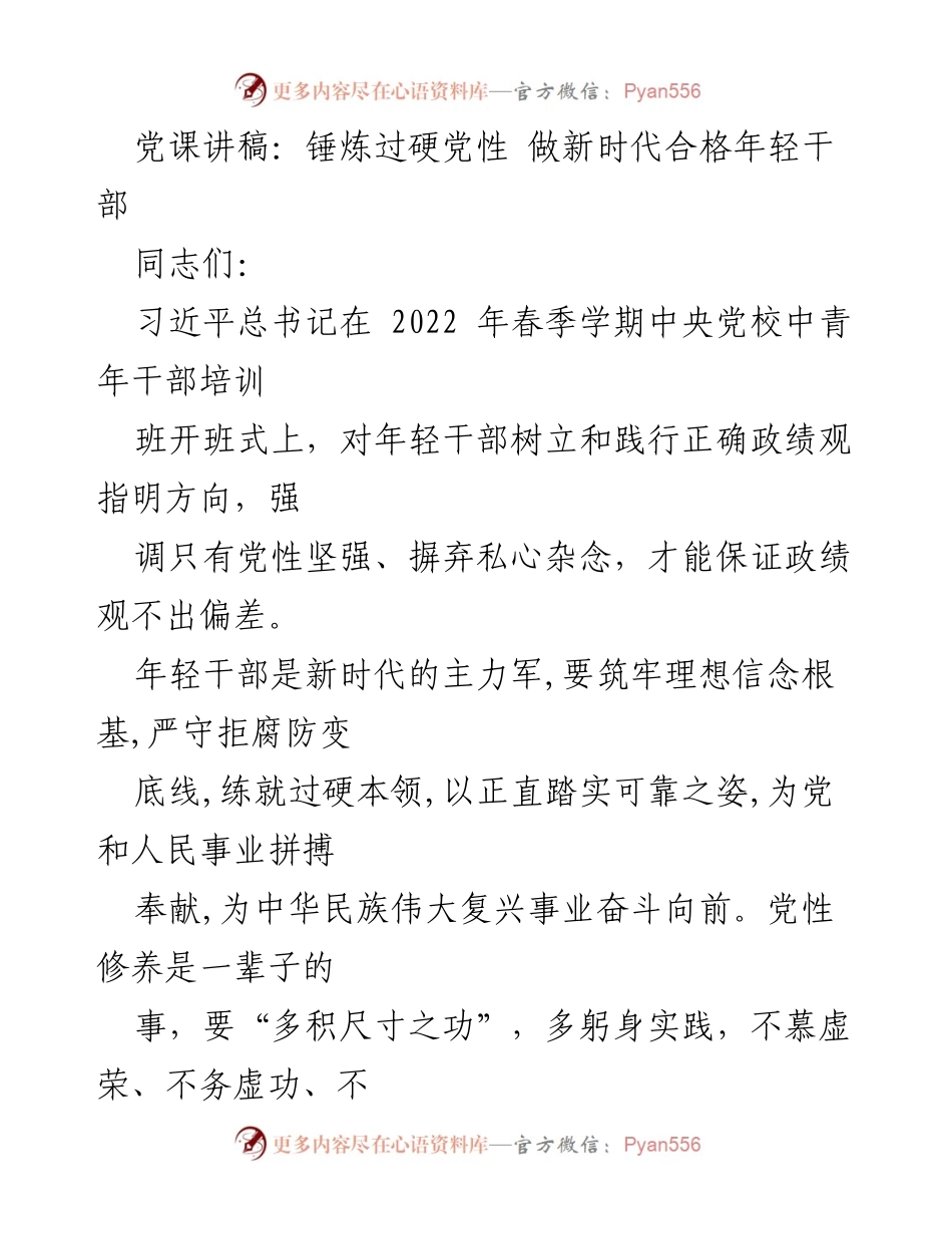 [发言] 党课 - 锤炼过硬党性，做新时代合格年轻干部.docx_第1页