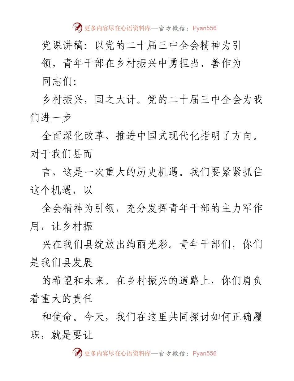 [发言] 党课 - 青年干部在乡村振兴中的使命与担当.docx_第1页
