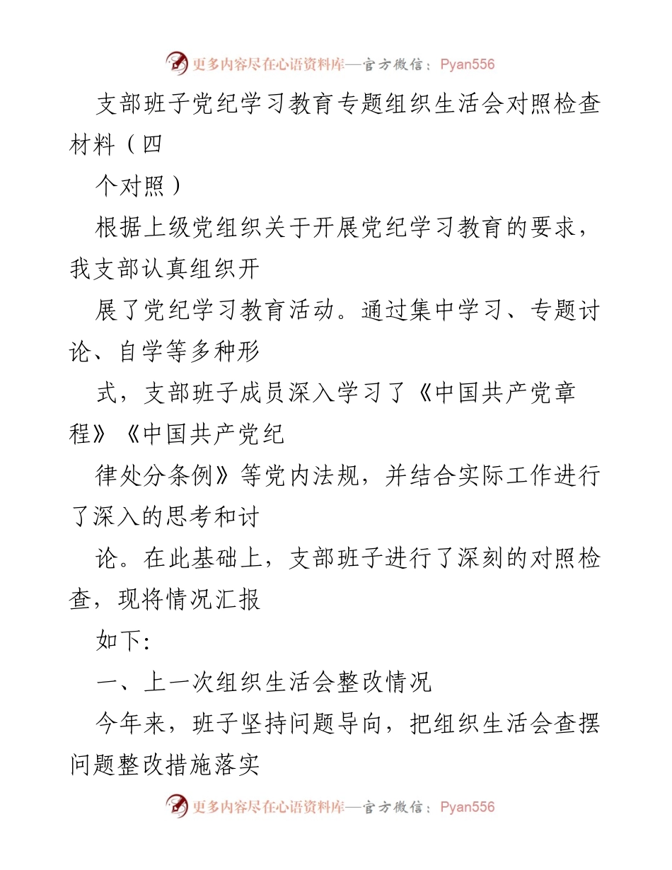 [发言] 党纪学习教育专题组织生活会 - 支部班子党纪学习教育对照检查材料总结.docx_第1页