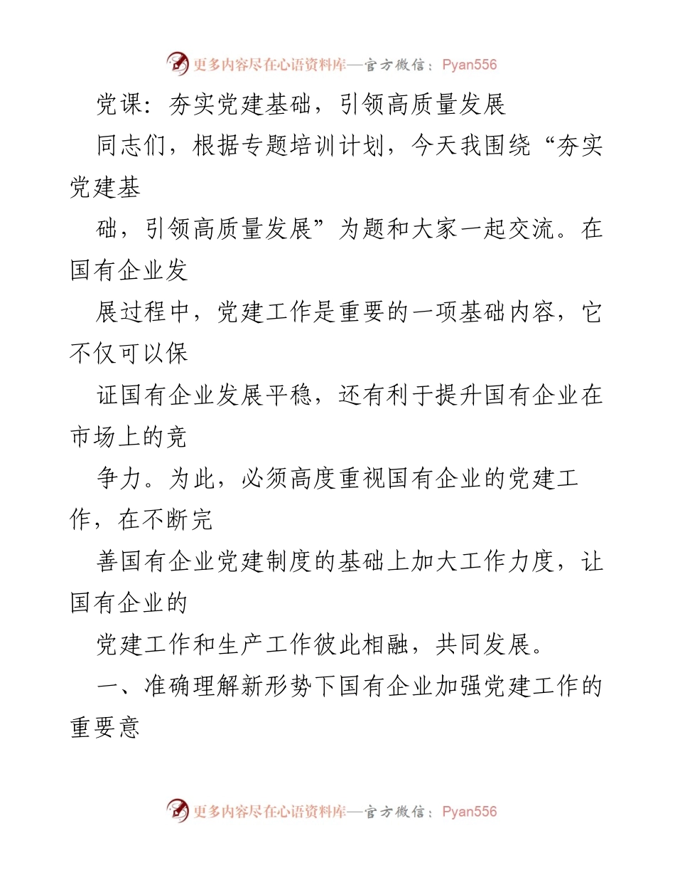 [发言] 党课 - 夯实党建基础，推动国有企业高质量发展.docx_第1页