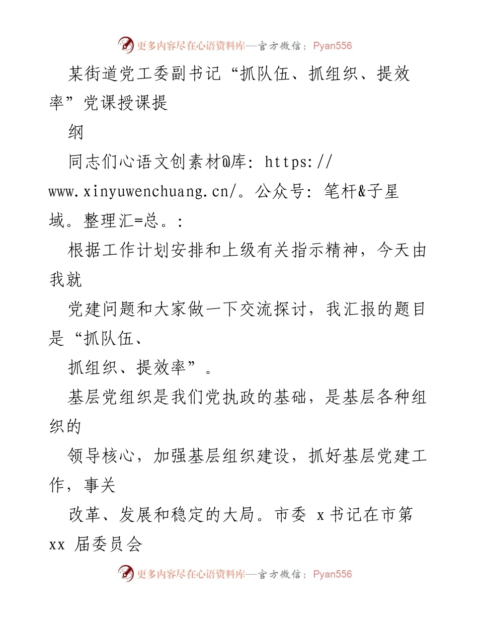 [发言] 党课 - “抓队伍、抓组织、提效率”——加强基层党建工作的重要性.docx_第1页