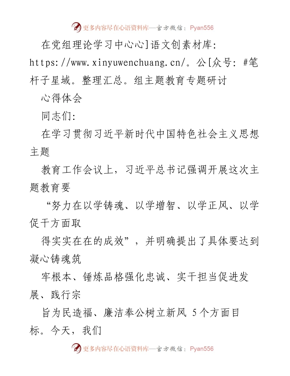 [发言] 党组理论学习中心组主题教育专题研讨 - 深化理论学习，凝心铸魂：习近平新时代中国特色社会主义思想的实践体会.docx_第1页