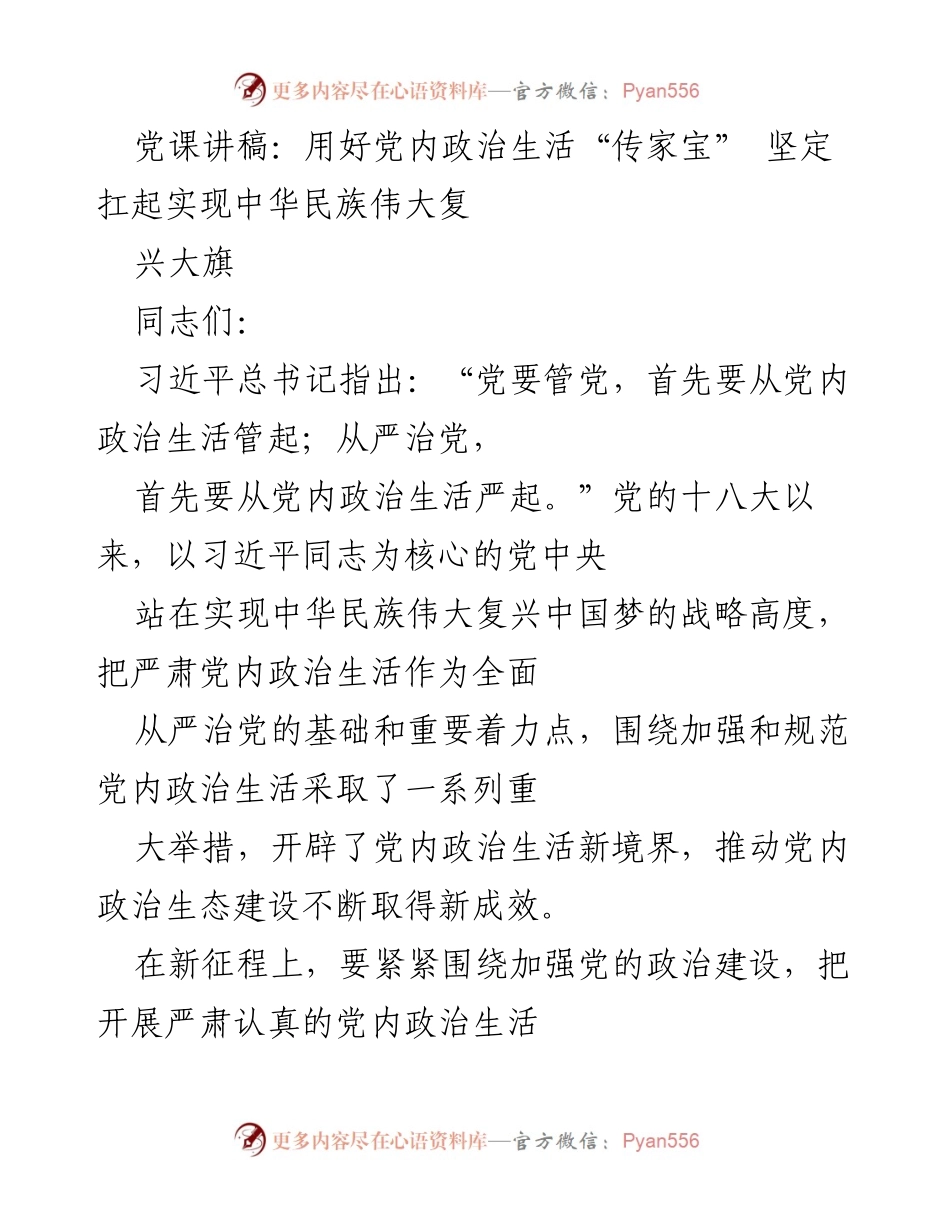 [发言] 党课 - 用好党内政治生活“传家宝” 坚定扛起实现中华民族伟大复兴大旗.docx_第1页