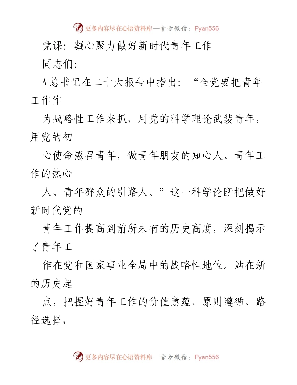 [发言] 党课 - 新时代青年工作的战略性与重要性_1.docx_第1页
