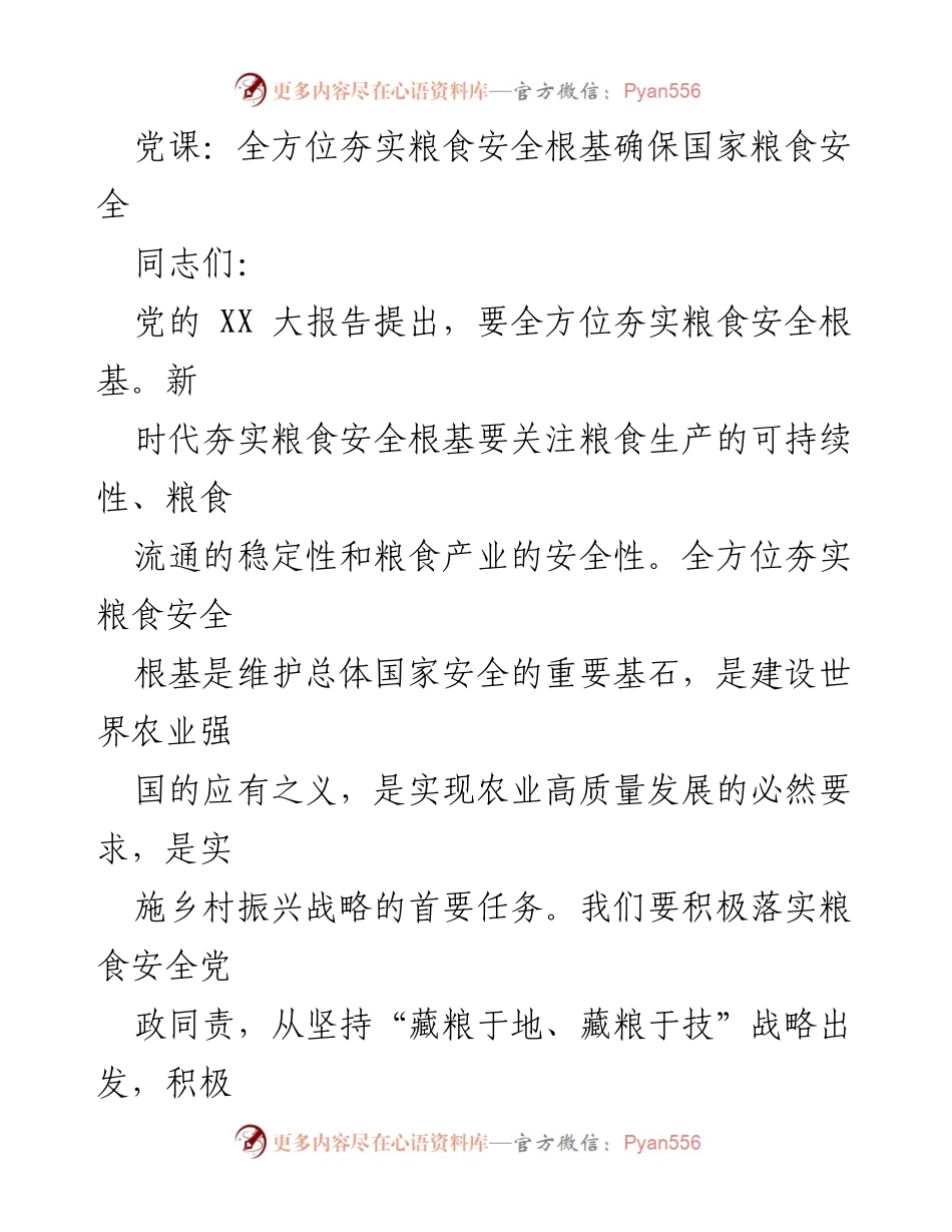 [发言] 党课 - 全方位夯实粮食安全根基的重要性与策略.docx_第1页