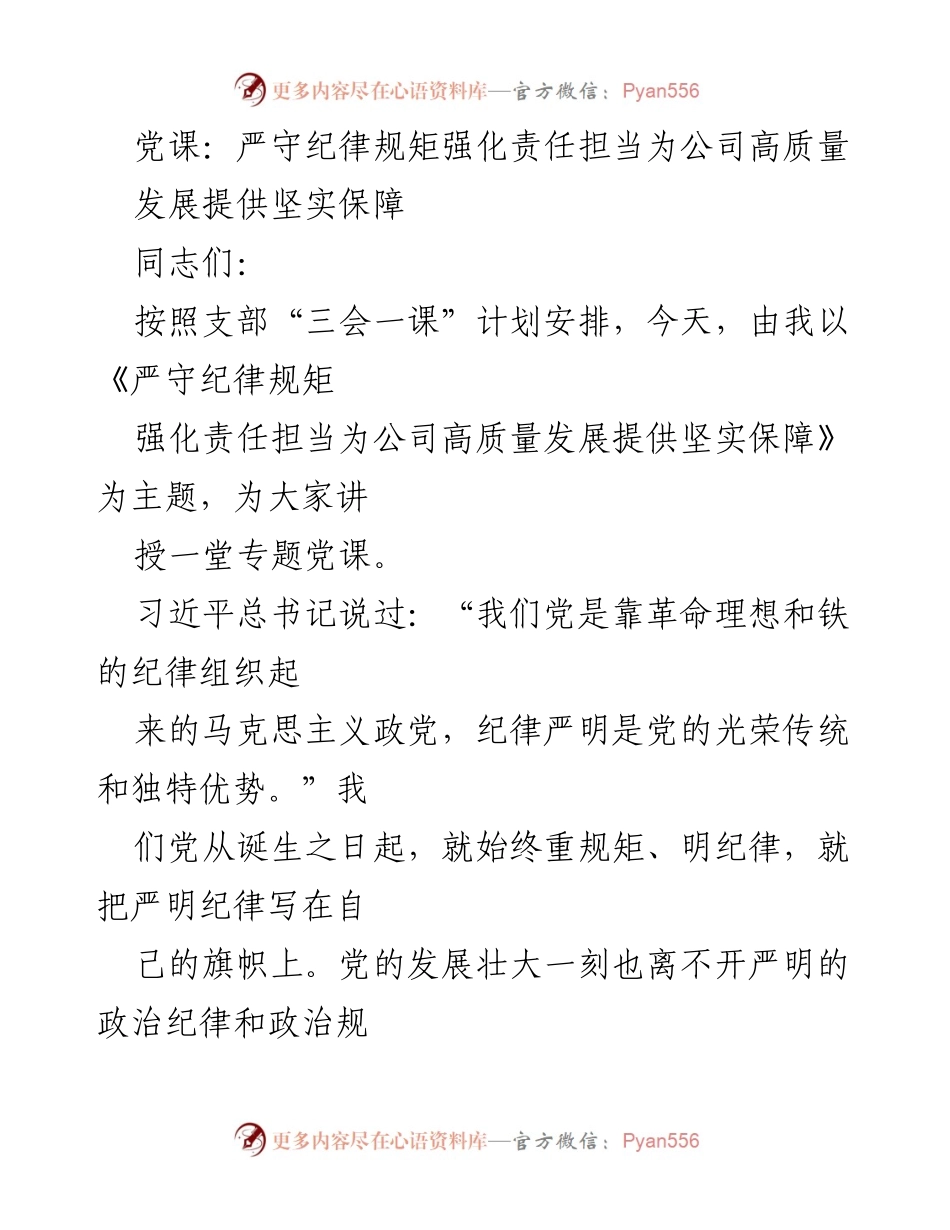 [发言] 党课 - 严守纪律规矩，强化责任担当，为公司高质量发展提供保障_1.docx_第1页