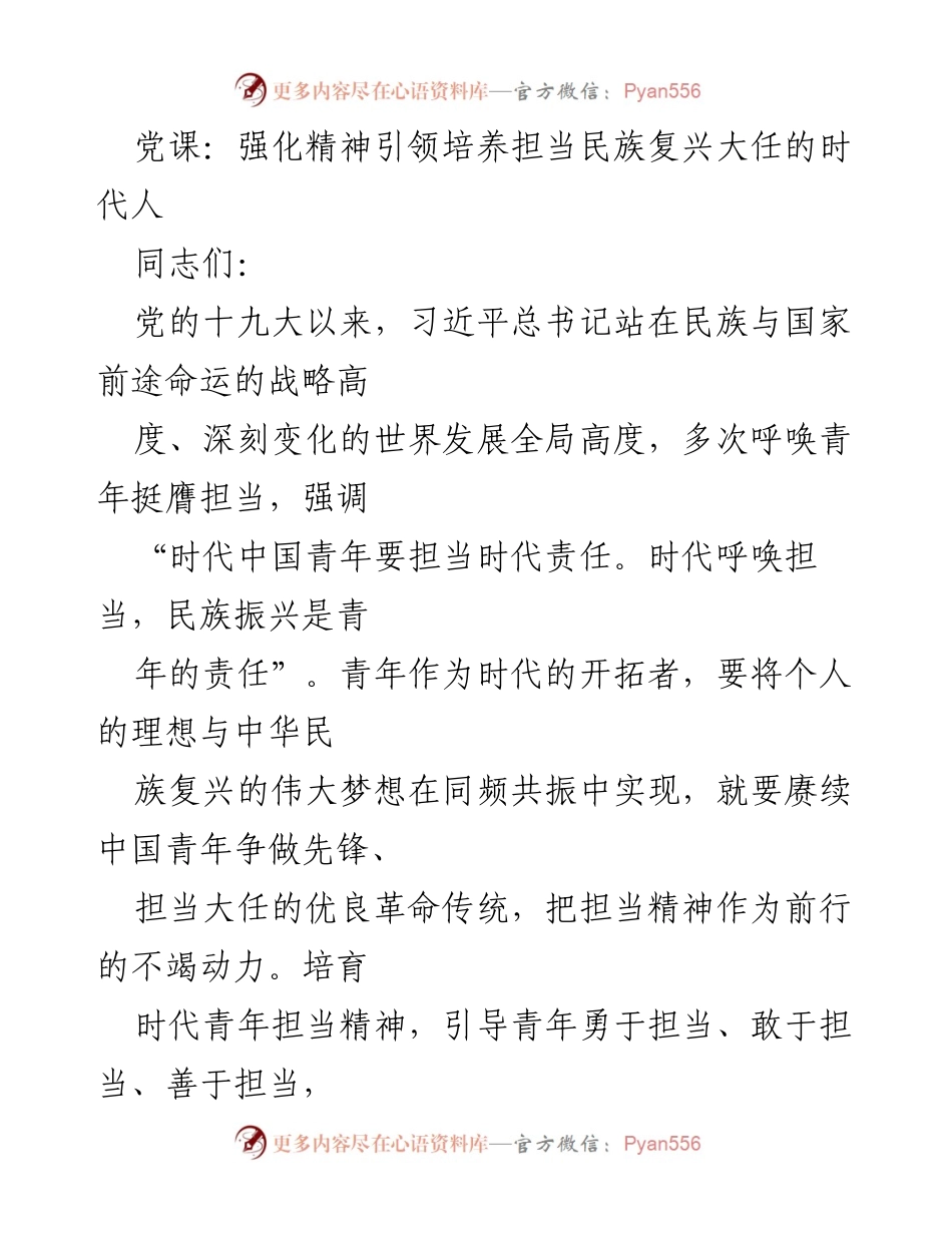 [发言] 党课 - 强化青年担当精神，助力民族复兴.docx_第1页