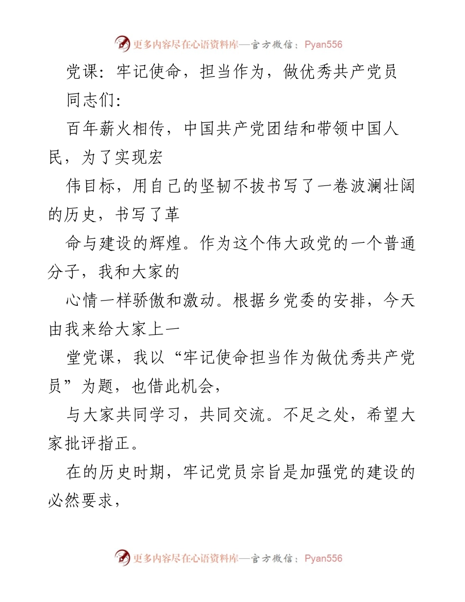 [发言] 党课 - 牢记使命，担当作为，做优秀共产党员.docx_第1页