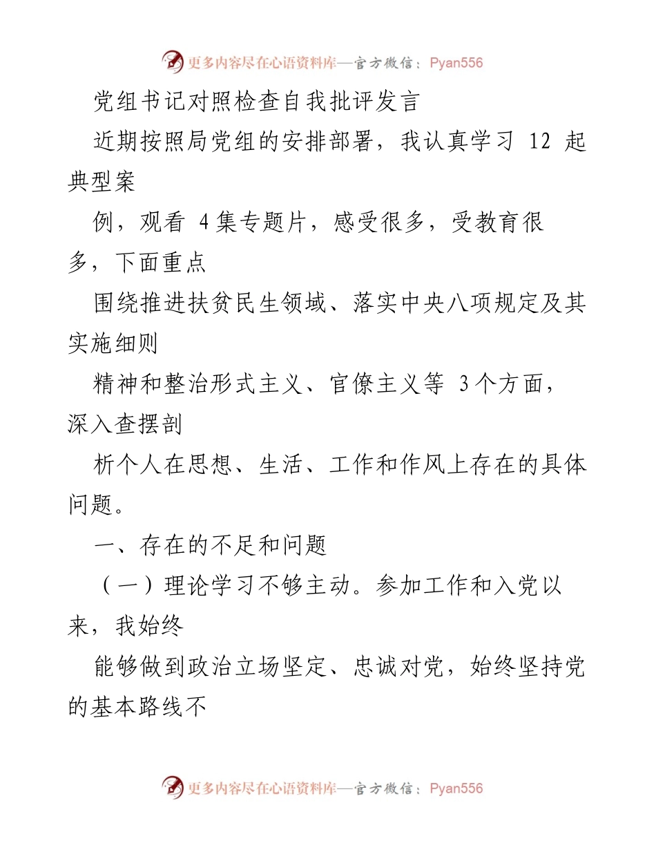 [发言] 党组书记对照检查 - 党组书记自我批评发言：深入查摆工作作风与理论学习不足问题.docx_第1页