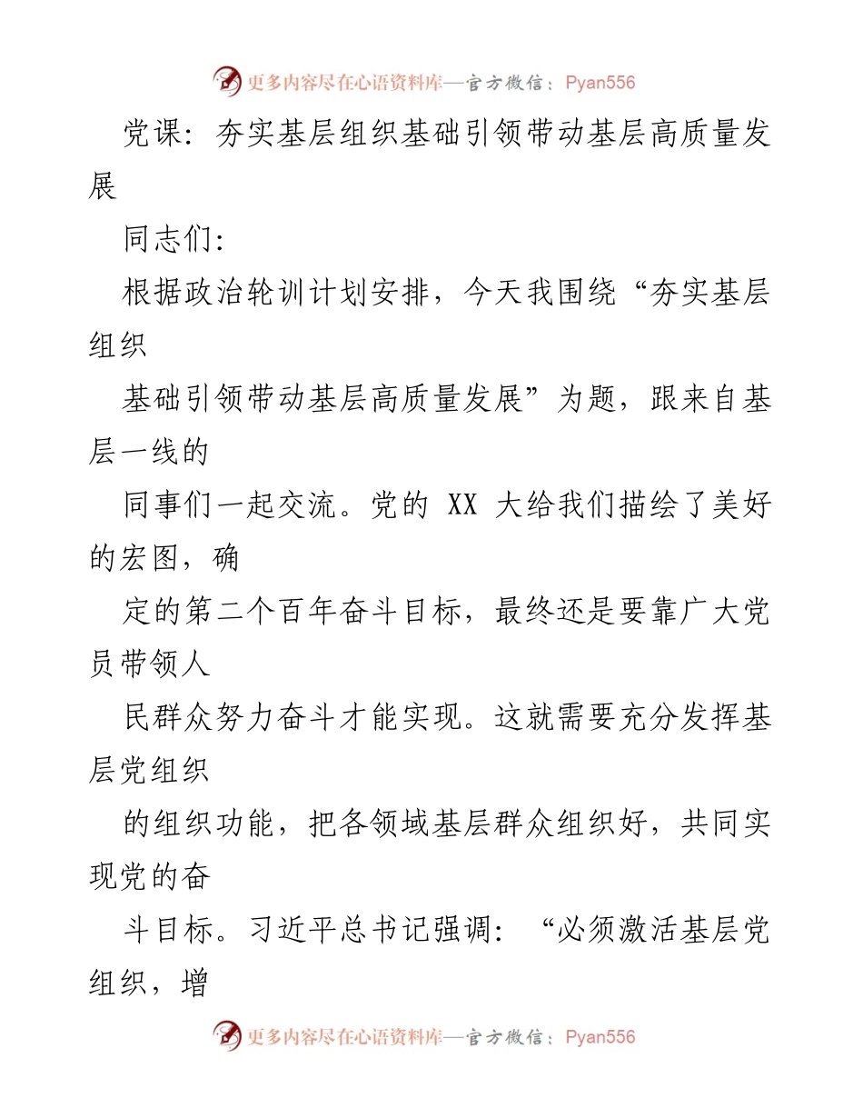 [发言] 党课 - 夯实基层组织基础，推动高质量发展_2.docx_第1页